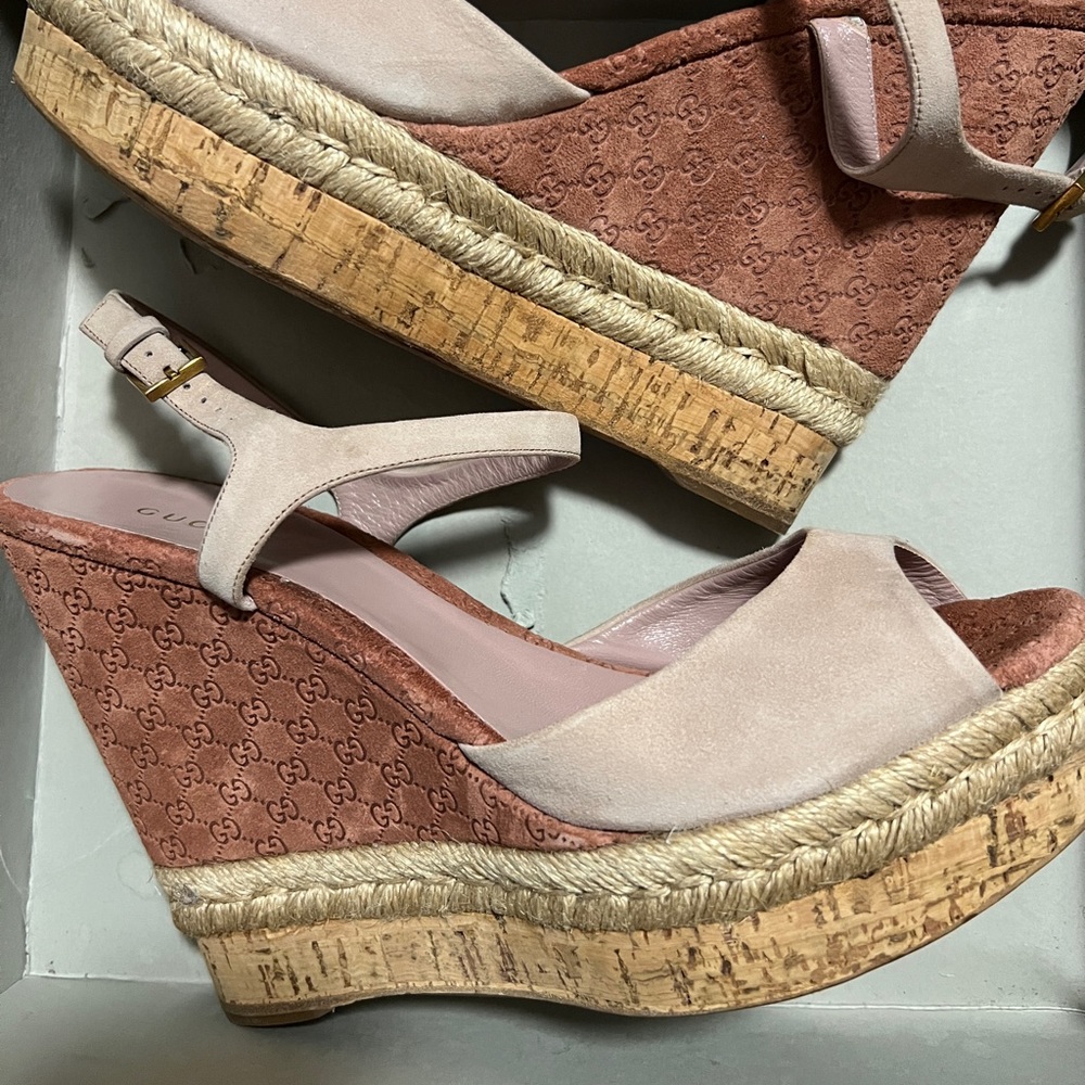 Gucci Pink and Tan Wedge Sandals